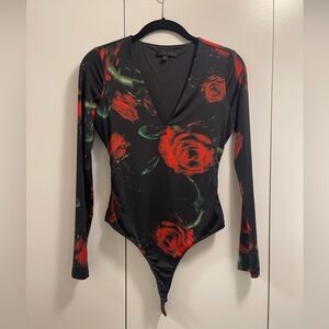 GUESS Black Bodysuit with Red Rose Print